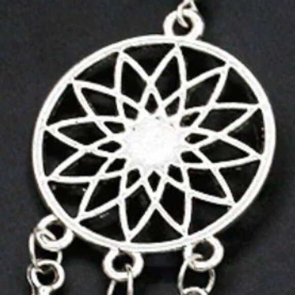 Feather Dream Catcher Silvertone Alloy Earrings with Turquoise Beads & Feathers - Picture 3 of 9